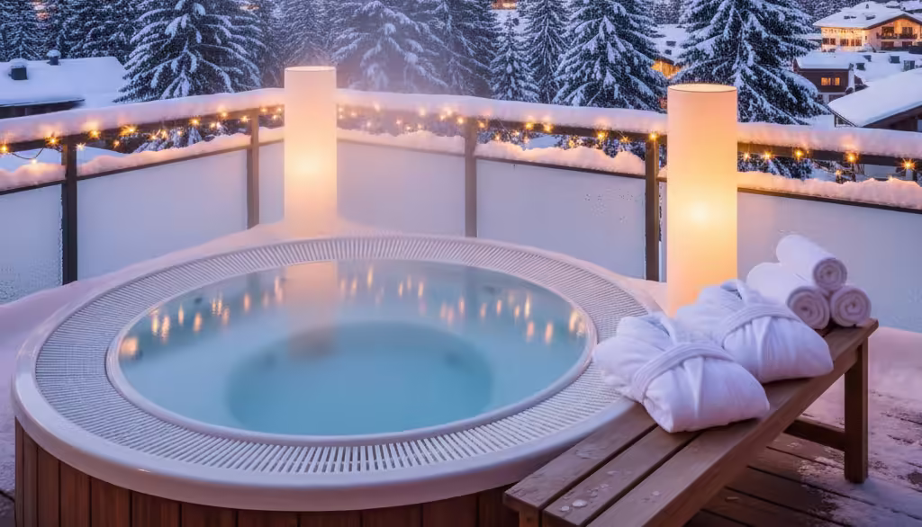 outdoor hot tub on balcony Outdoor hot tub on a snowy balcony with towels and soft ambient lighting